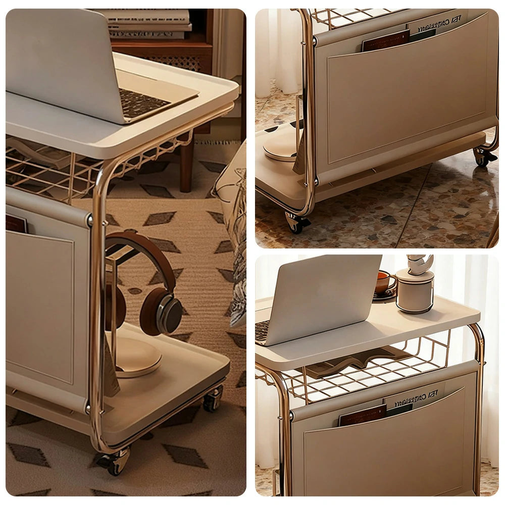 LIVARA 60cm Bedside Coffee Table, C-Shaped Computer Desk with Plated Metal Base & Wood Grain Top, Multi-Tier Storage, Side Pocket, Lockable Wheels - White
