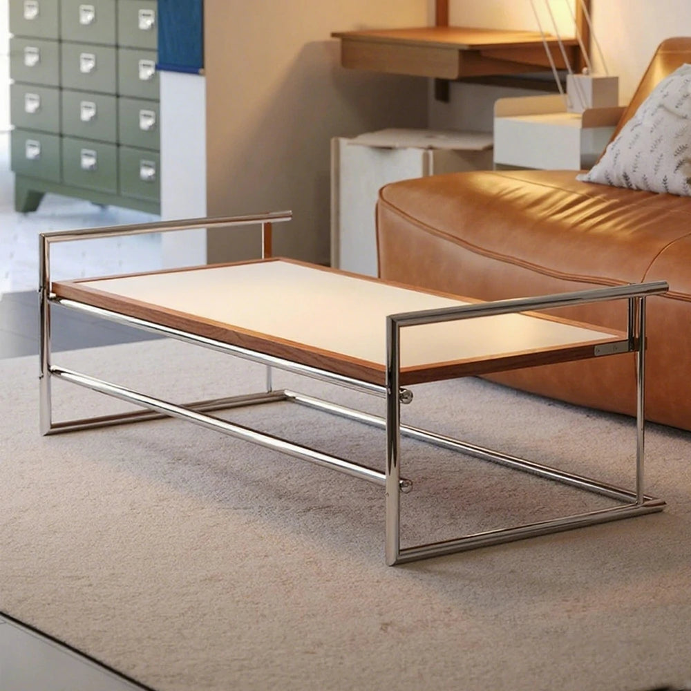 LIVARA 1136 Multi-Functional Sofa Low Table – Reversible Coffee Table/Desk, Vintage Solid Ash Wood Frame with Black Panel, Stainless Steel Legs - White