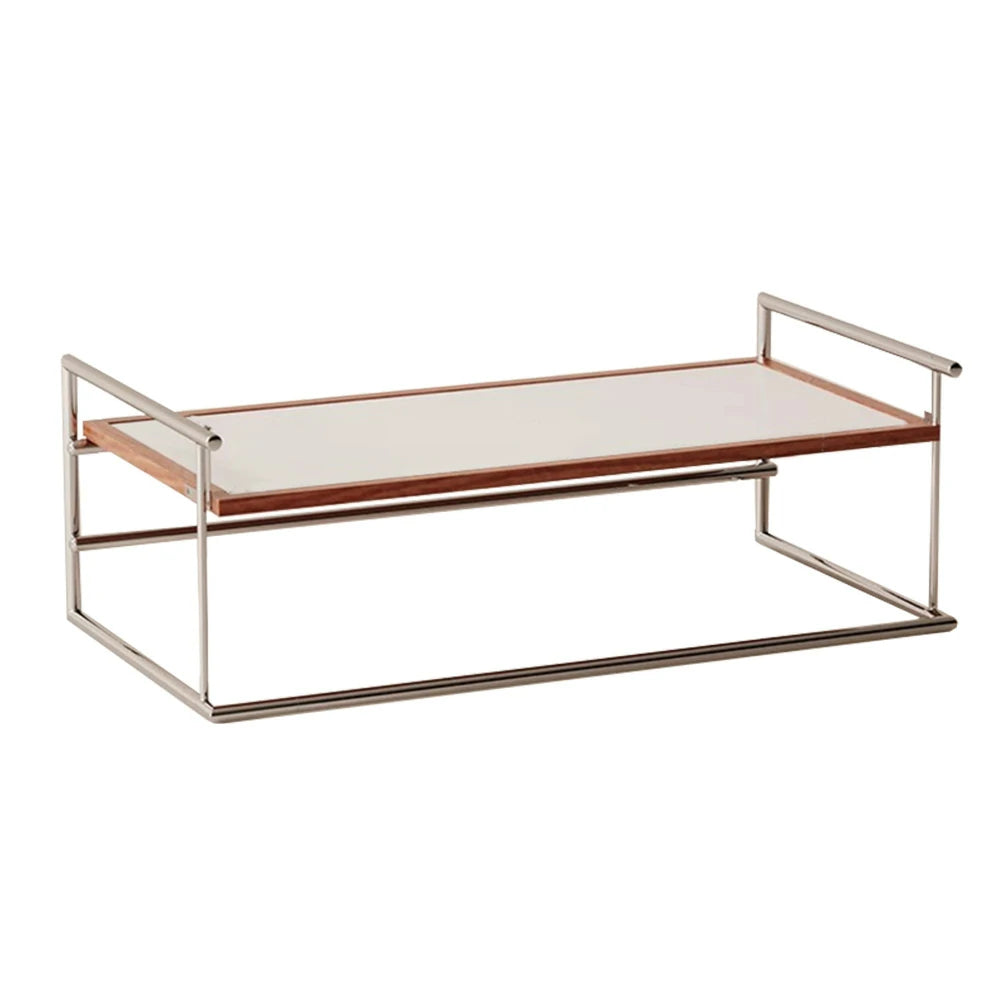 LIVARA 1136 Multi-Functional Sofa Low Table – Reversible Coffee Table/Desk, Vintage Solid Ash Wood Frame with Black Panel, Stainless Steel Legs - White