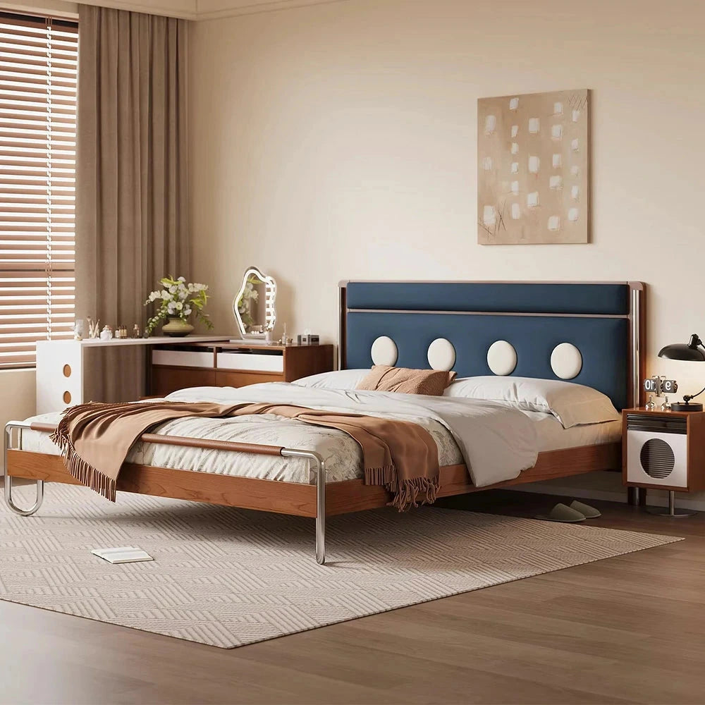 LUXORA 9901 150cm Cloud Velvet Bed, Solid Larch Wood Frame, Cherry Wood Accents, Stainless Steel Footboard - Blue