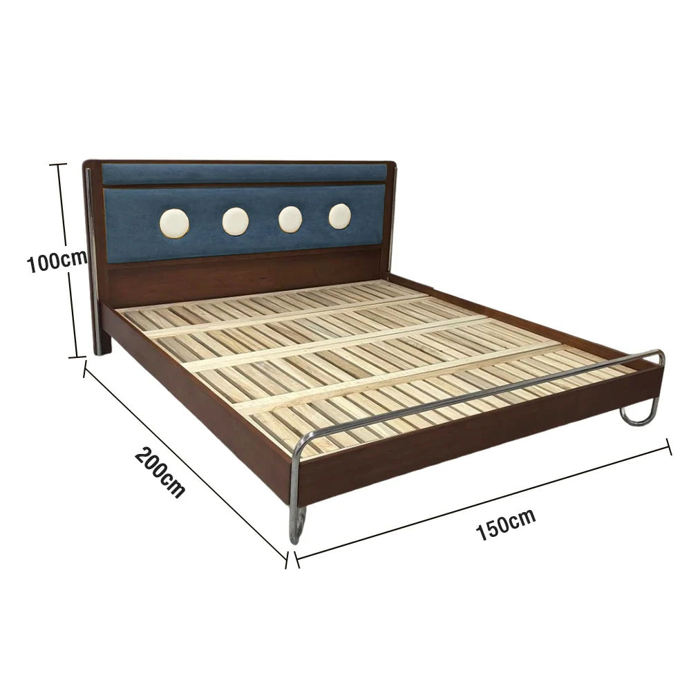LUXORA 9901 150cm Cloud Velvet Bed, Solid Larch Wood Frame, Cherry Wood Accents, Stainless Steel Footboard - Blue