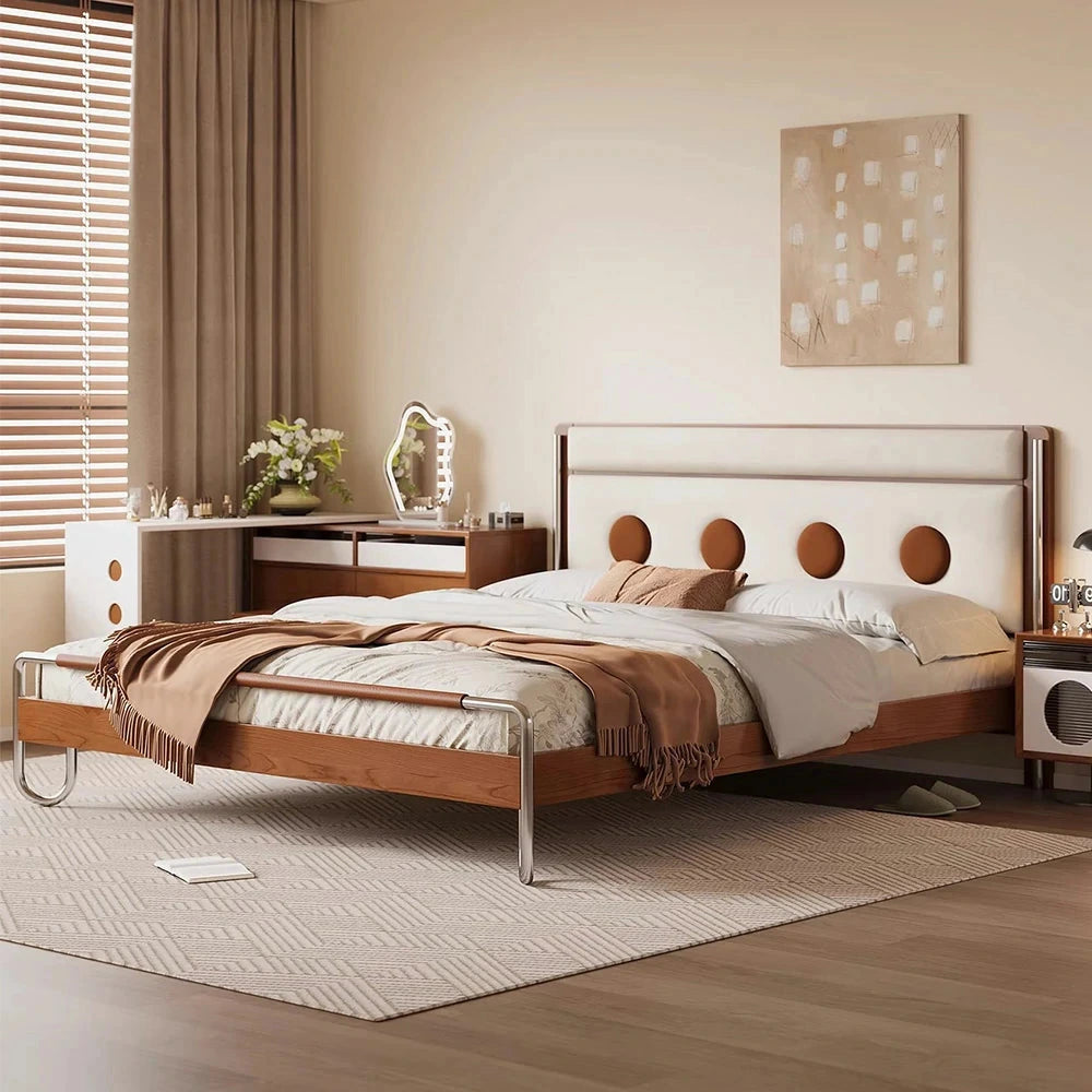 LUXORA 9901 150cm Cloud Velvet Bed, Solid Larch Wood Frame, Cherry Wood Accents, Stainless Steel Footboard - White