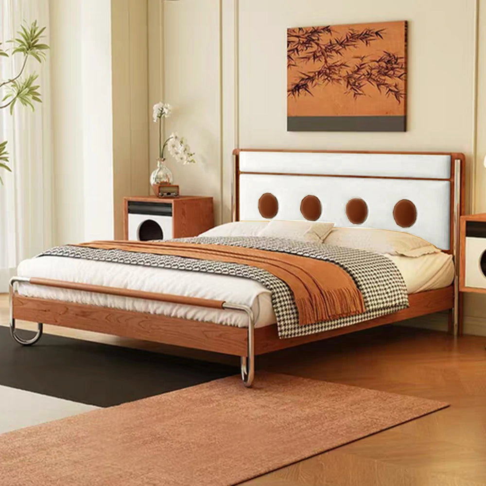 LUXORA 9901 150cm Cloud Velvet Bed, Solid Larch Wood Frame, Cherry Wood Accents, Stainless Steel Footboard - White