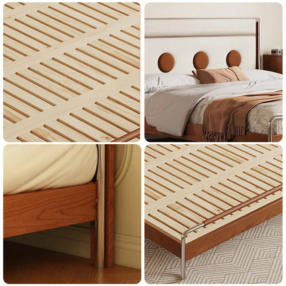 LUXORA 9901 150cm Cloud Velvet Bed, Solid Larch Wood Frame, Cherry Wood Accents, Stainless Steel Footboard - White