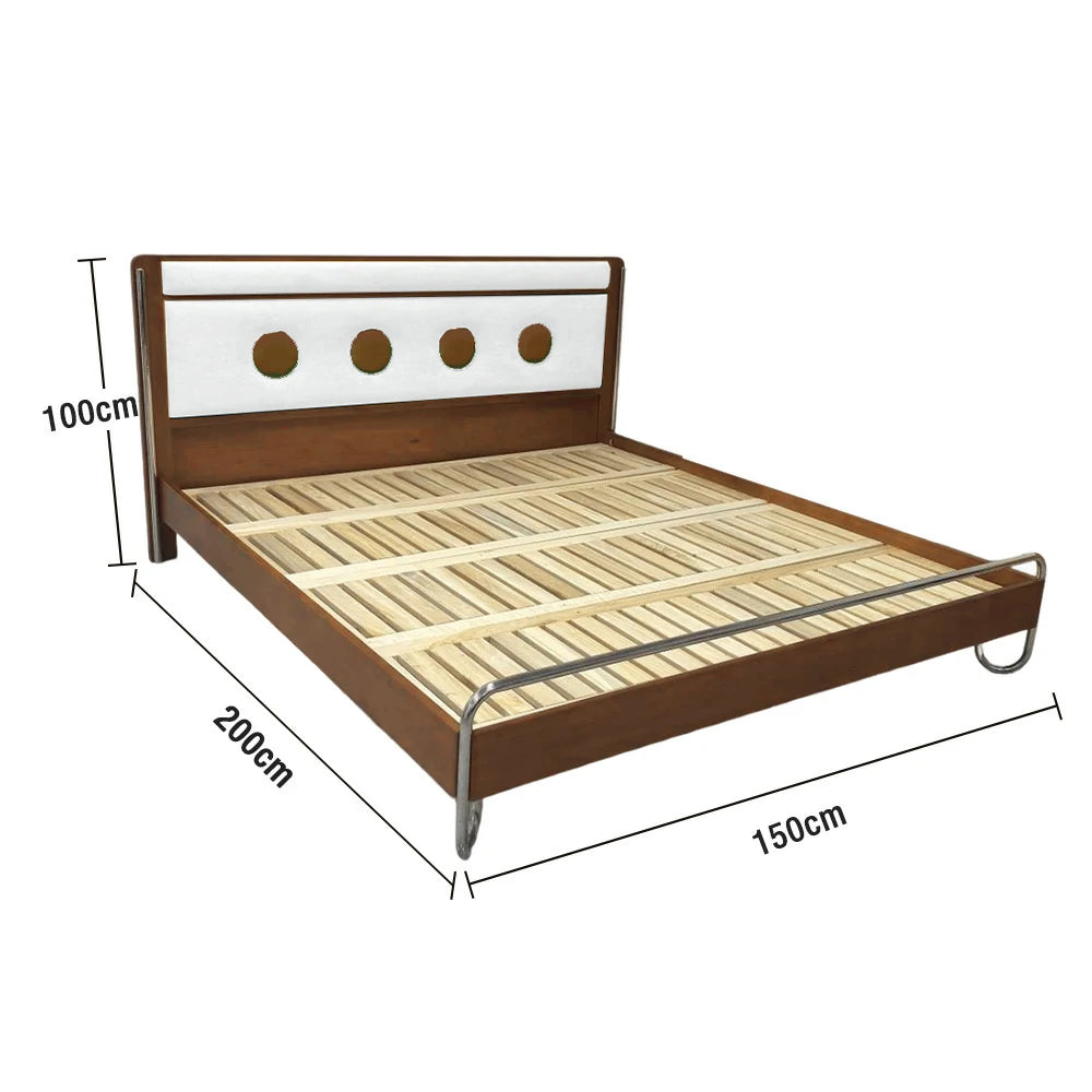 LUXORA 9901 150cm Cloud Velvet Bed, Solid Larch Wood Frame, Cherry Wood Accents, Stainless Steel Footboard - White