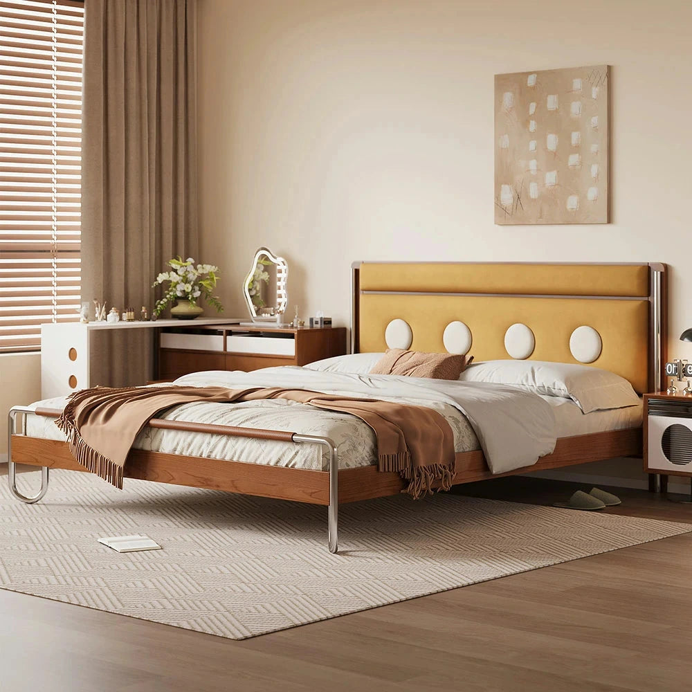 LUXORA 9901 150cm Cloud Velvet Bed, Solid Larch Wood Frame, Cherry Wood Accents, Stainless Steel Footboard - Yellow