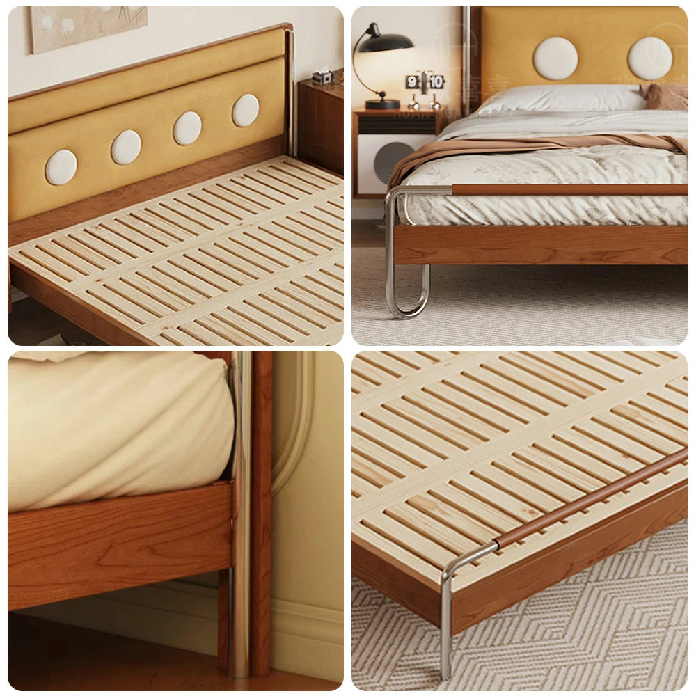 LUXORA 9901 150cm Cloud Velvet Bed, Solid Larch Wood Frame, Cherry Wood Accents, Stainless Steel Footboard - Yellow