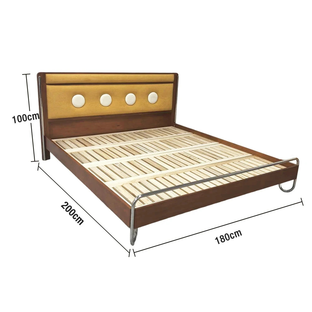 LUXORA 9901 150cm Cloud Velvet Bed, Solid Larch Wood Frame, Cherry Wood Accents, Stainless Steel Footboard - Yellow