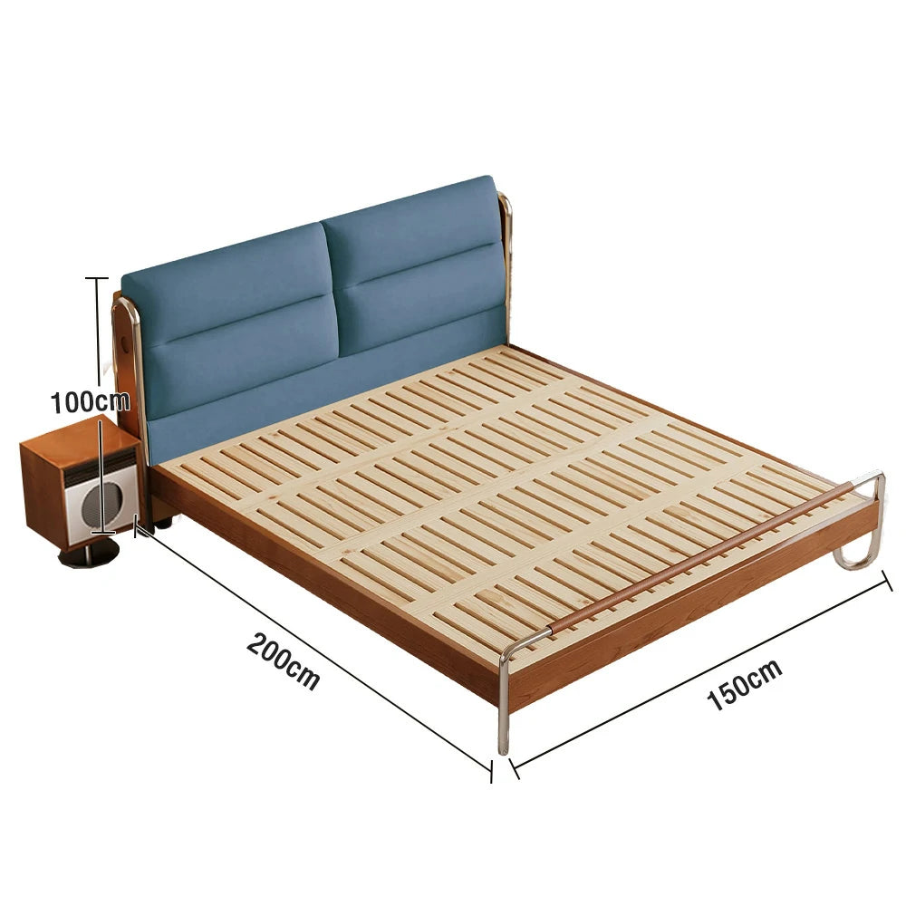 LUXORA 9902 150/180cm Cloud Velvet Bed, Solid Larch Wood Frame, Cherry Wood Accents, Stainless Steel Footboard, Wingback Design - Blue