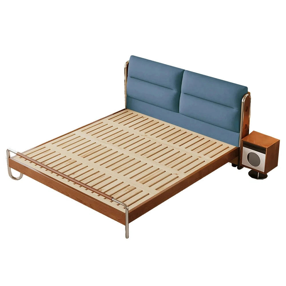 LUXORA 9902 150/180cm Cloud Velvet Bed, Solid Larch Wood Frame, Cherry Wood Accents, Stainless Steel Footboard, Wingback Design - Blue