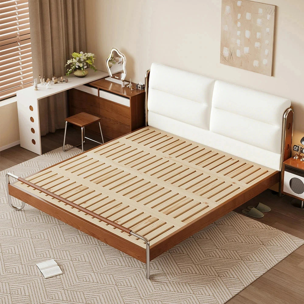 LUXORA 9902 150/180cm Cloud Velvet Bed, Solid Larch Wood Frame, Cherry Wood Accents, Stainless Steel Footboard, Wingback Design - White