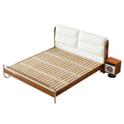 LUXORA 9902 150/180cm Cloud Velvet Bed, Solid Larch Wood Frame, Cherry Wood Accents, Stainless Steel Footboard, Wingback Design - White