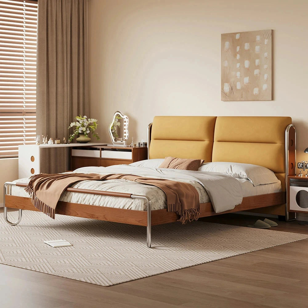 LUXORA 9902 150/180cm Cloud Velvet Bed, Solid Larch Wood Frame, Cherry Wood Accents, Stainless Steel Footboard, Wingback Design - Yellow