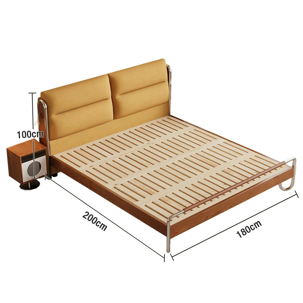 LUXORA 9902 150/180cm Cloud Velvet Bed, Solid Larch Wood Frame, Cherry Wood Accents, Stainless Steel Footboard, Wingback Design - Yellow