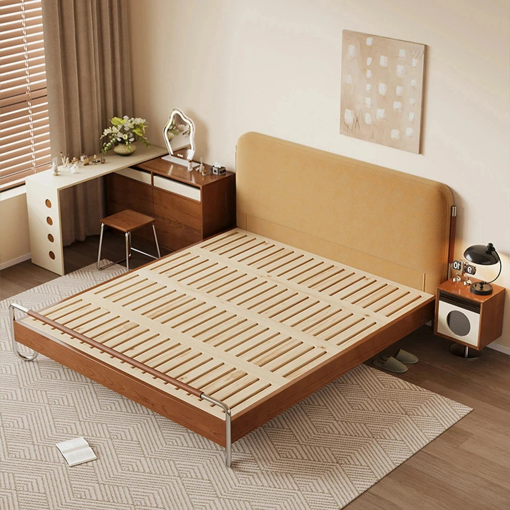 LUXORA 9903 150/180cm Cloud Velvet Bed Solid Wood Frame, Pine & Cherry Wood Accents - Yellow