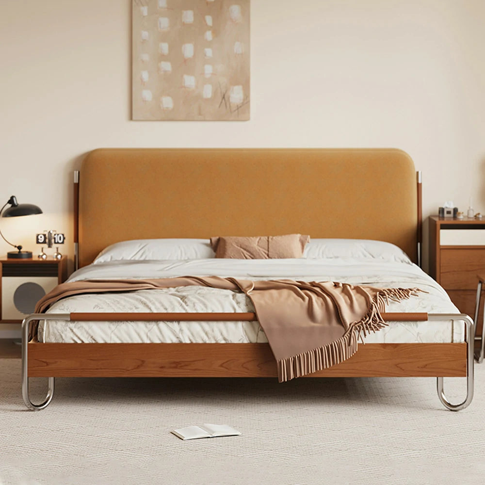 LUXORA 9903 150/180cm Cloud Velvet Bed Solid Wood Frame, Pine & Cherry Wood Accents - Yellow