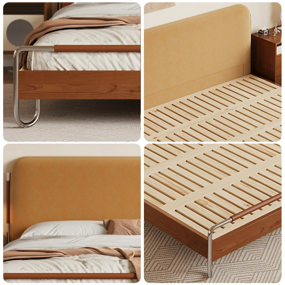 LUXORA 9903 150/180cm Cloud Velvet Bed Solid Wood Frame, Pine & Cherry Wood Accents - Yellow