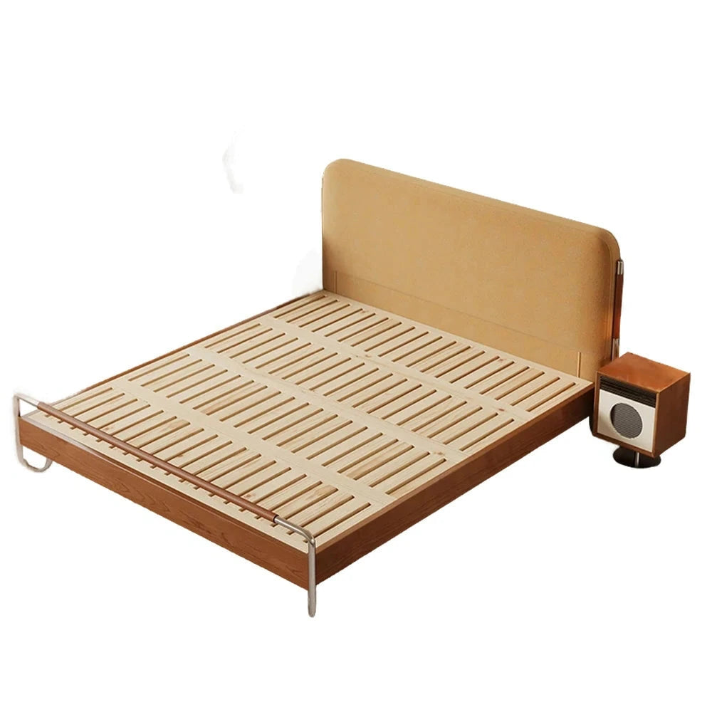 LUXORA 9903 150/180cm Cloud Velvet Bed Solid Wood Frame, Pine & Cherry Wood Accents - Yellow