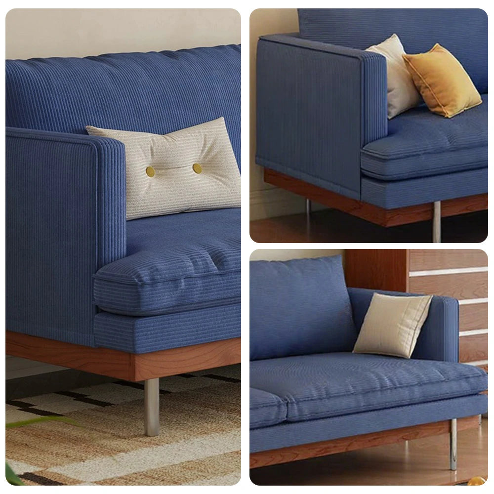 LUXORA 9951 220cm Corduroy Straight Sofa, Solid Larch Frame, Plush Filling, Rubberwood Base, Stainless Steel Legs - Blue