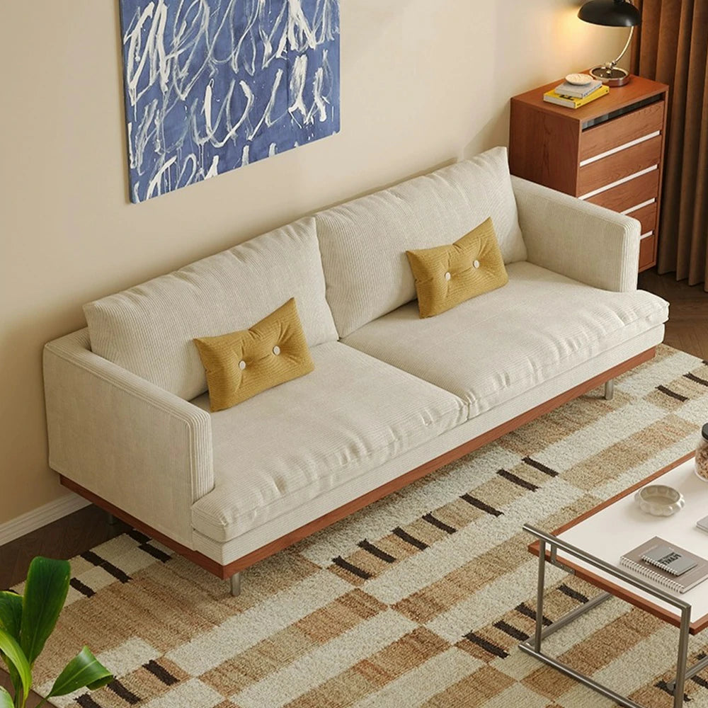 LUXORA 9951 220cm Corduroy Straight Sofa, Solid Larch Frame, Plush Filling, Rubberwood Base, Stainless Steel Legs - White