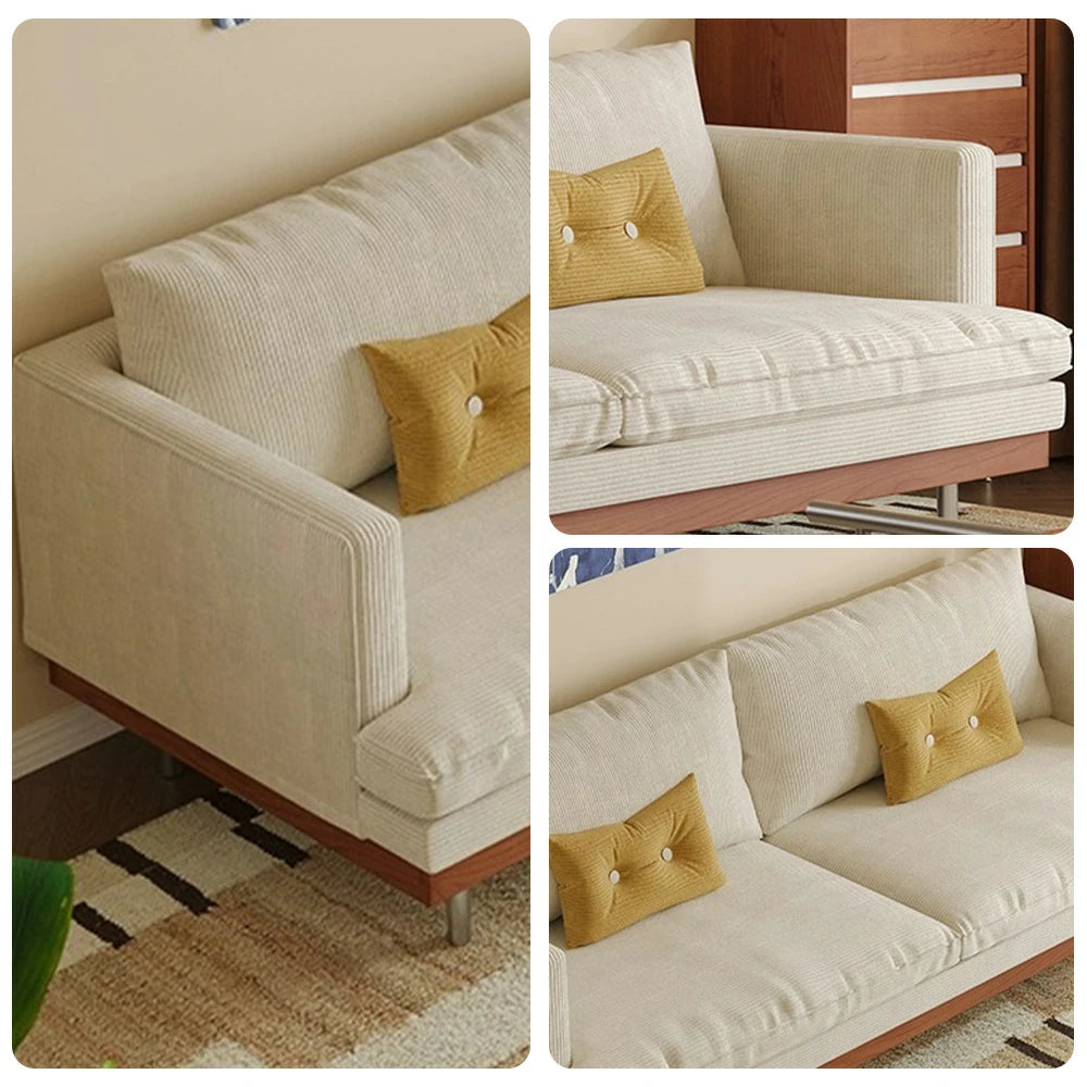 LUXORA 9951 220cm Corduroy Straight Sofa, Solid Larch Frame, Plush Filling, Rubberwood Base, Stainless Steel Legs - White