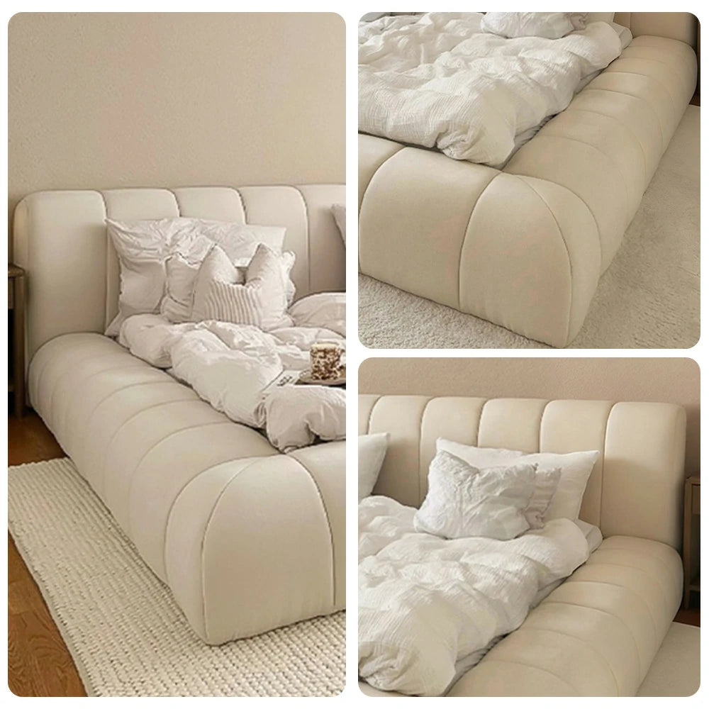 LUXORA Upholstered Bed Frame 150/180cm, Cotton-Linen Blend, Water-Resistant, High-Density Sponge Headboard, Reinforced Steel Frame - White