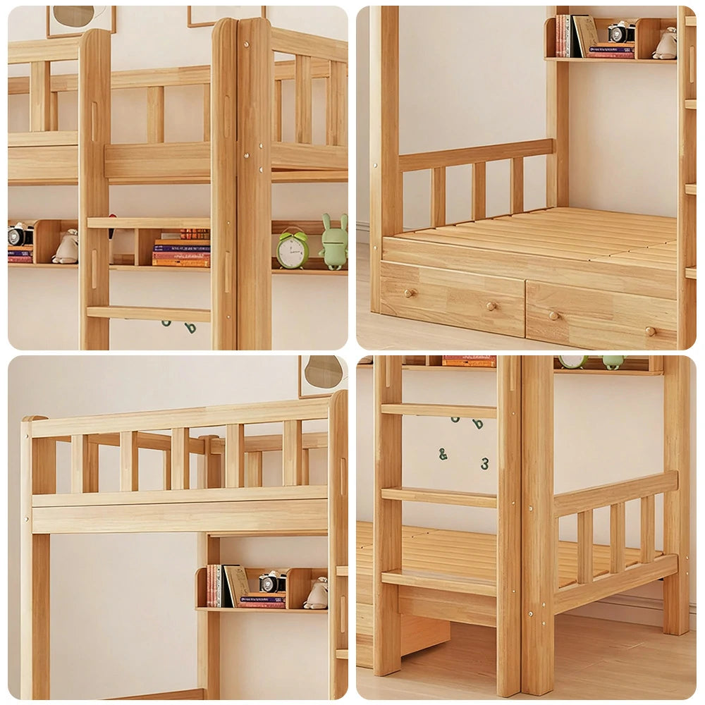 LUXORA Solid Rubber Wood Bunk Bed with Drawer & Bookshelf - 120/135/150cm, Durable Frame, Safe Guardrails, Practical Storage Design - Natural Wood