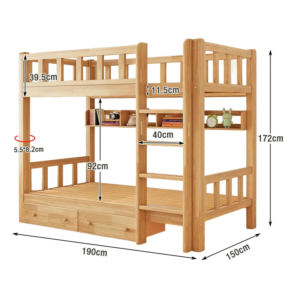 LUXORA Solid Rubber Wood Bunk Bed with Drawer & Bookshelf - 120/135/150cm, Durable Frame, Safe Guardrails, Practical Storage Design - Natural Wood