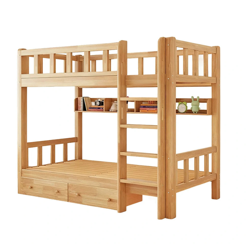 LUXORA Solid Rubber Wood Bunk Bed with Drawer & Bookshelf - 120/135/150cm, Durable Frame, Safe Guardrails, Practical Storage Design - Natural Wood