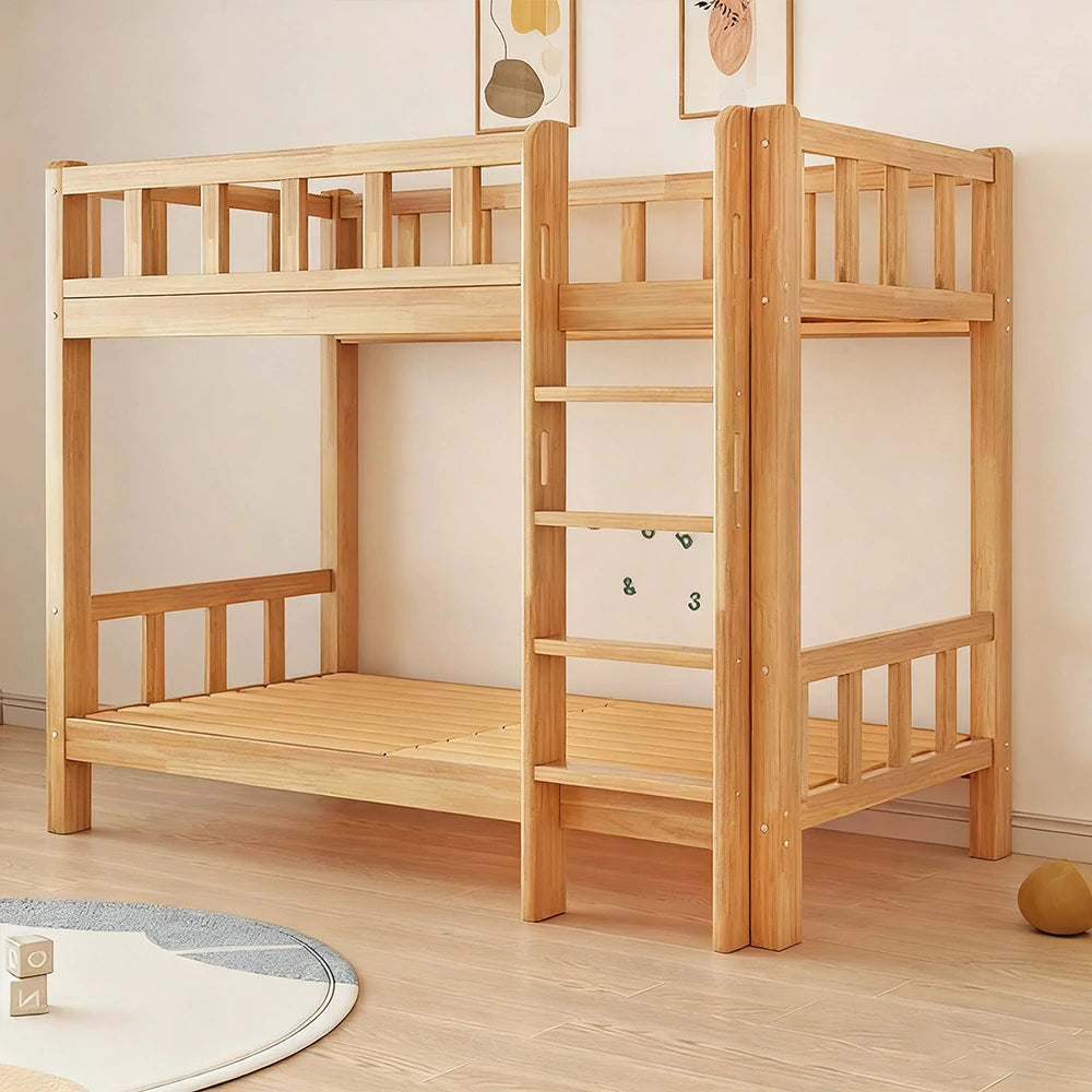 LUXORA Solid Rubber Wood Bunk Bed - 120/135/150cm, Durable Frame, Safe Guardrails, Minimalist Design, Eco-Friendly Finish - Natural Wood