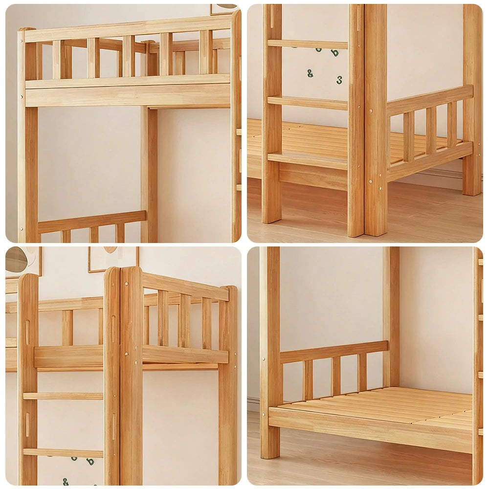 LUXORA Solid Rubber Wood Bunk Bed - 120/135/150cm, Durable Frame, Safe Guardrails, Minimalist Design, Eco-Friendly Finish - Natural Wood