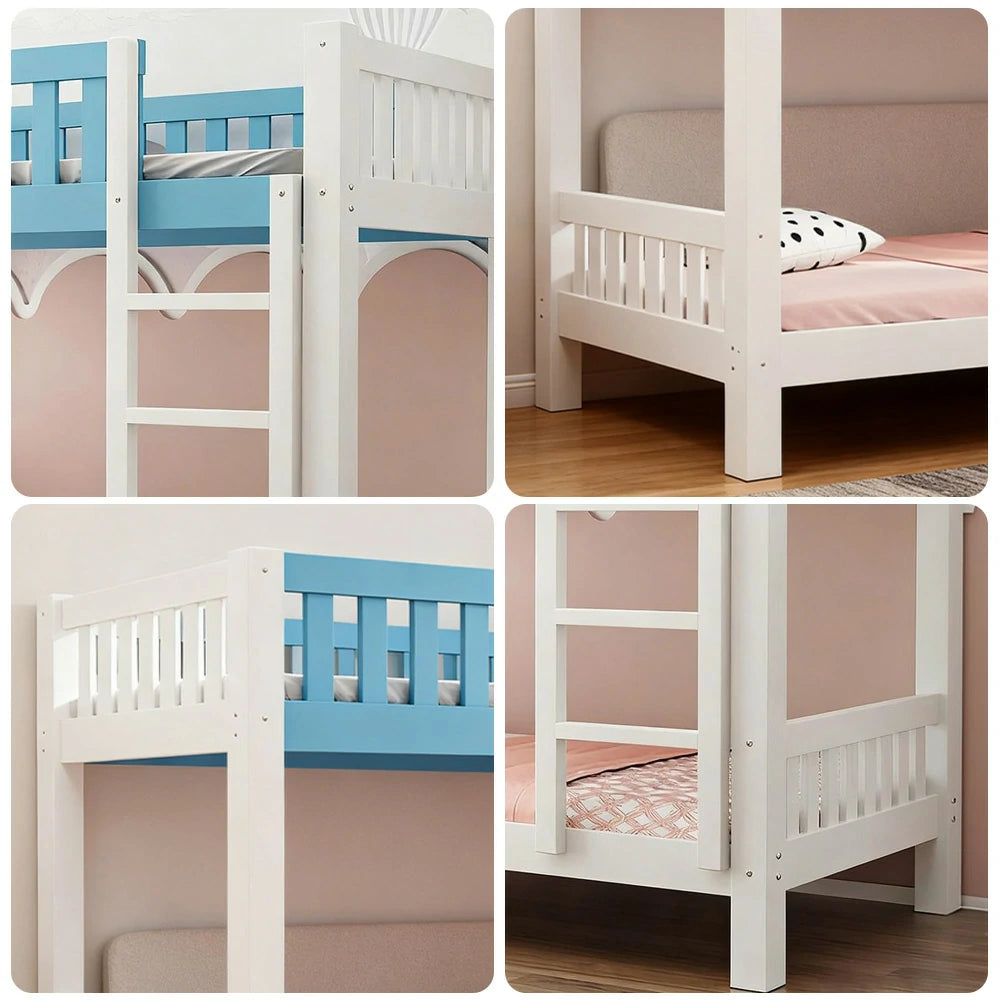 LUXORA Bunk Bed Eco-Friendly Solid Wood, 120/135/150cm, Wide Ladder with Protective Handrails, Reinforced Frame - Blue