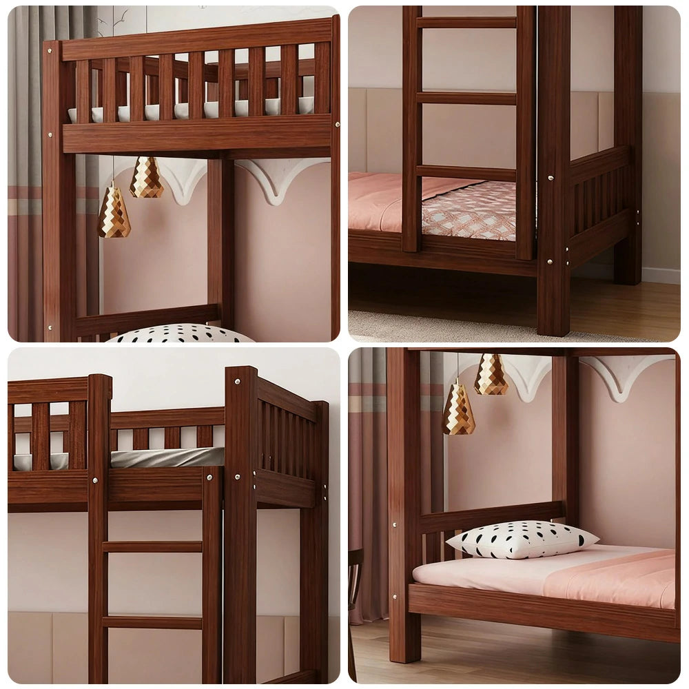 LUXORA Bunk Bed Eco-Friendly Solid Wood, 120/135/150cm, Wide Ladder with Protective Handrails, Reinforced Frame - Brown
