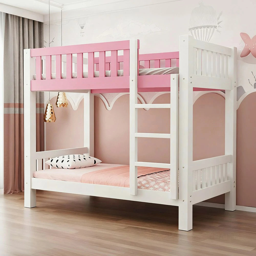 LUXORA Bunk Bed Eco-Friendly Solid Wood, 120/135/150cm, Wide Ladder with Protective Handrails, Reinforced Frame - Pink