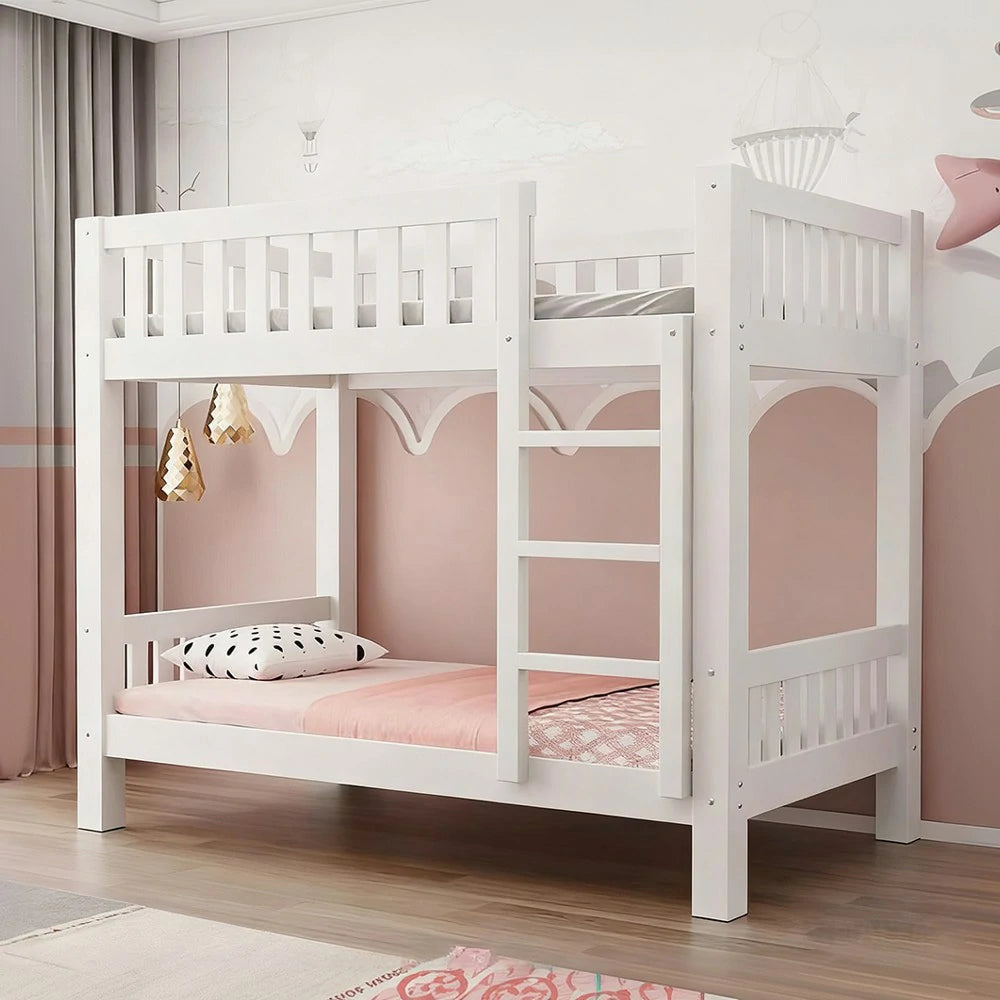 LUXORA Bunk Bed Eco-Friendly Solid Wood, 120/135/150cm, Wide Ladder with Protective Handrails, Reinforced Frame - White