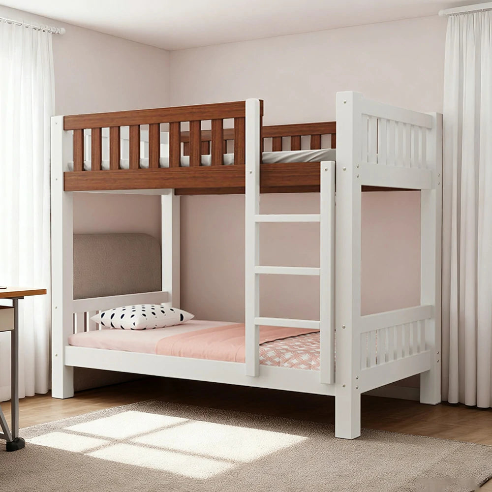 LUXORA Bunk Bed Eco-Friendly Solid Wood, 120/135/150cm, Wide Ladder with Protective Handrails, Reinforced Frame - White and Brown