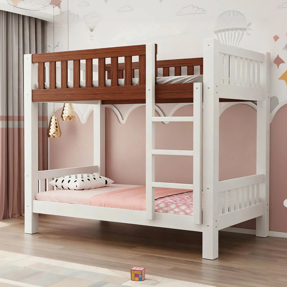 LUXORA Bunk Bed Eco-Friendly Solid Wood, 120/135/150cm, Wide Ladder with Protective Handrails, Reinforced Frame - White and Brown