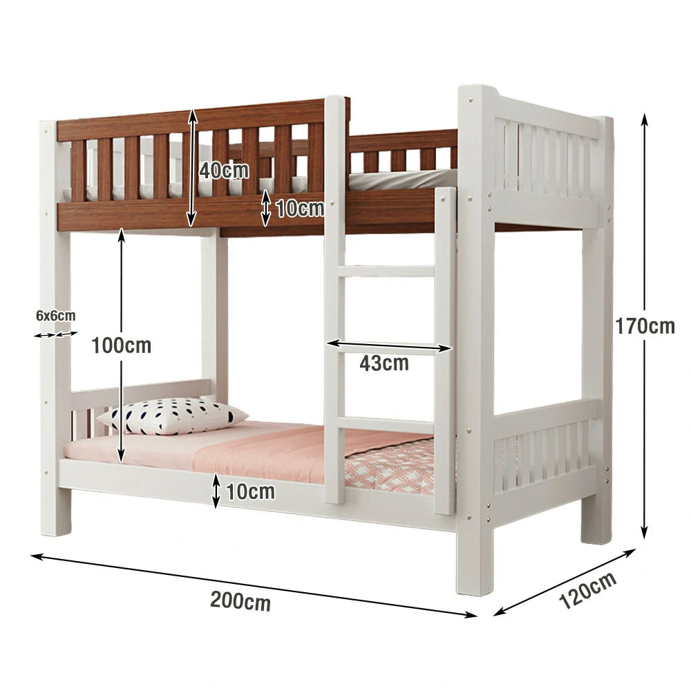 LUXORA Bunk Bed Eco-Friendly Solid Wood, 120/135/150cm, Wide Ladder with Protective Handrails, Reinforced Frame - White and Brown
