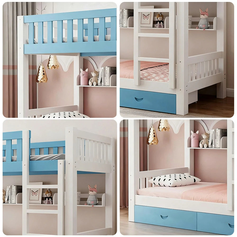 LUXORA Bunk Bed Eco-Friendly Solid Wood, 120/135/150cm, Built-in Bookshelf, Dual Under-Bed Storage Drawers, Flexible Ladder - Blue