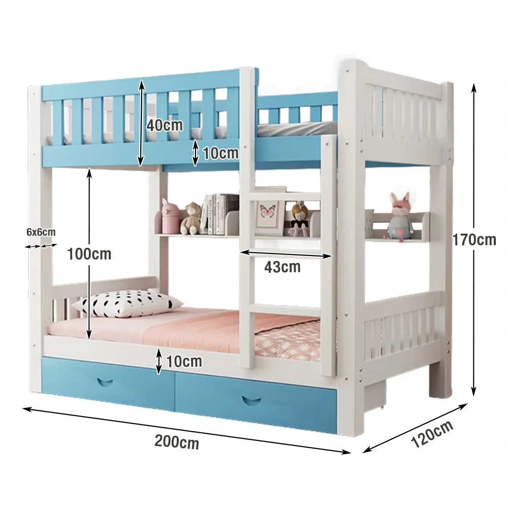 LUXORA Bunk Bed Eco-Friendly Solid Wood, 120/135/150cm, Built-in Bookshelf, Dual Under-Bed Storage Drawers, Flexible Ladder - Blue