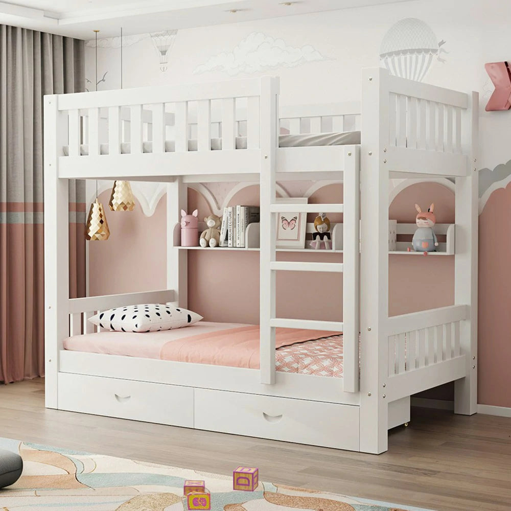 LUXORA Bunk Bed Eco-Friendly Solid Wood, 120/135/150cm, Built-in Bookshelf, Dual Under-Bed Storage Drawers, Flexible Ladder - White