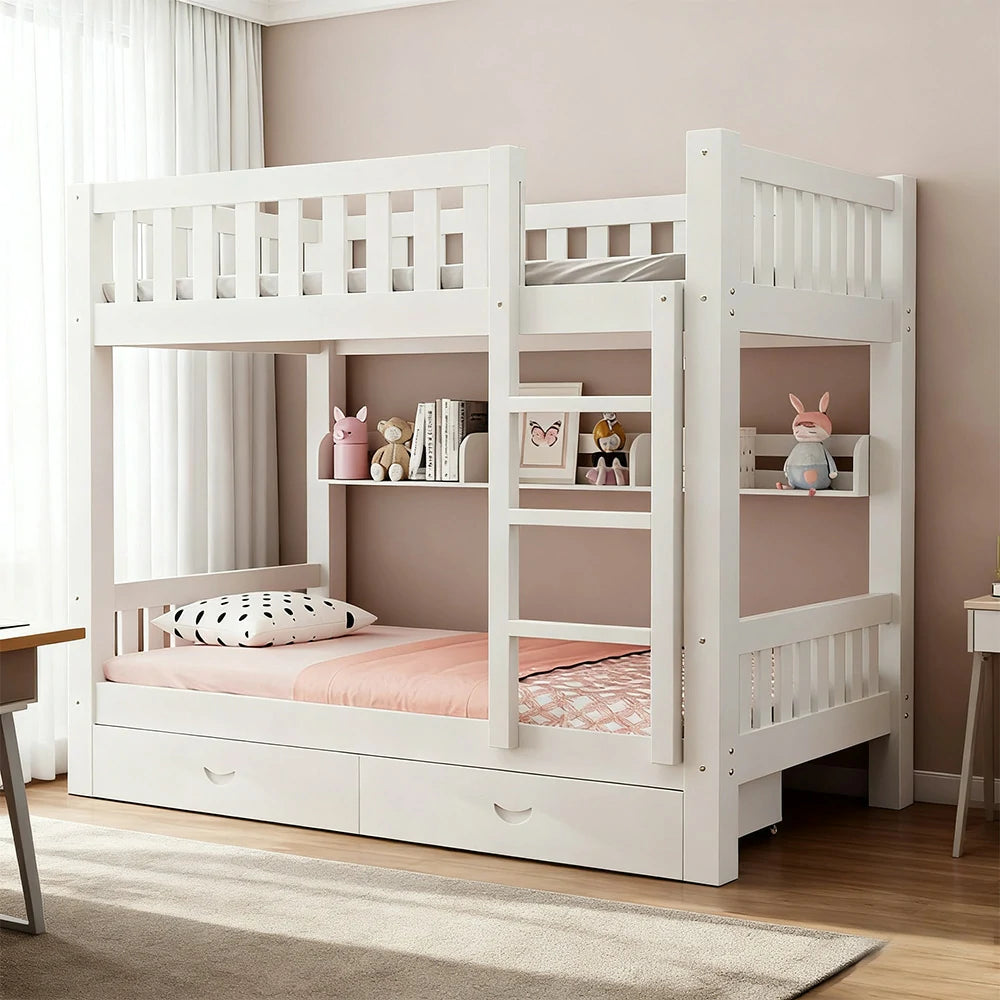 LUXORA Bunk Bed Eco-Friendly Solid Wood, 120/135/150cm, Built-in Bookshelf, Dual Under-Bed Storage Drawers, Flexible Ladder - White