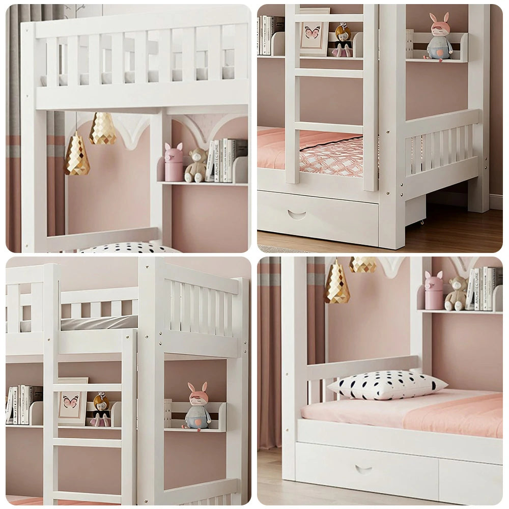 LUXORA Bunk Bed Eco-Friendly Solid Wood, 120/135/150cm, Built-in Bookshelf, Dual Under-Bed Storage Drawers, Flexible Ladder - White