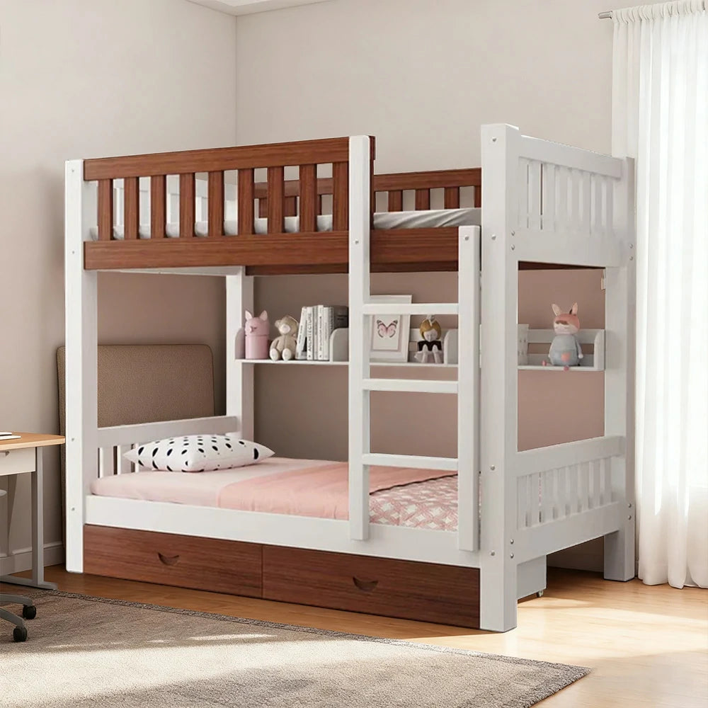 LUXORA Bunk Bed Eco-Friendly Solid Wood, 120/135/150cm, Built-in Bookshelf, Dual Under-Bed Storage Drawers, Flexible Ladder - White and Brown