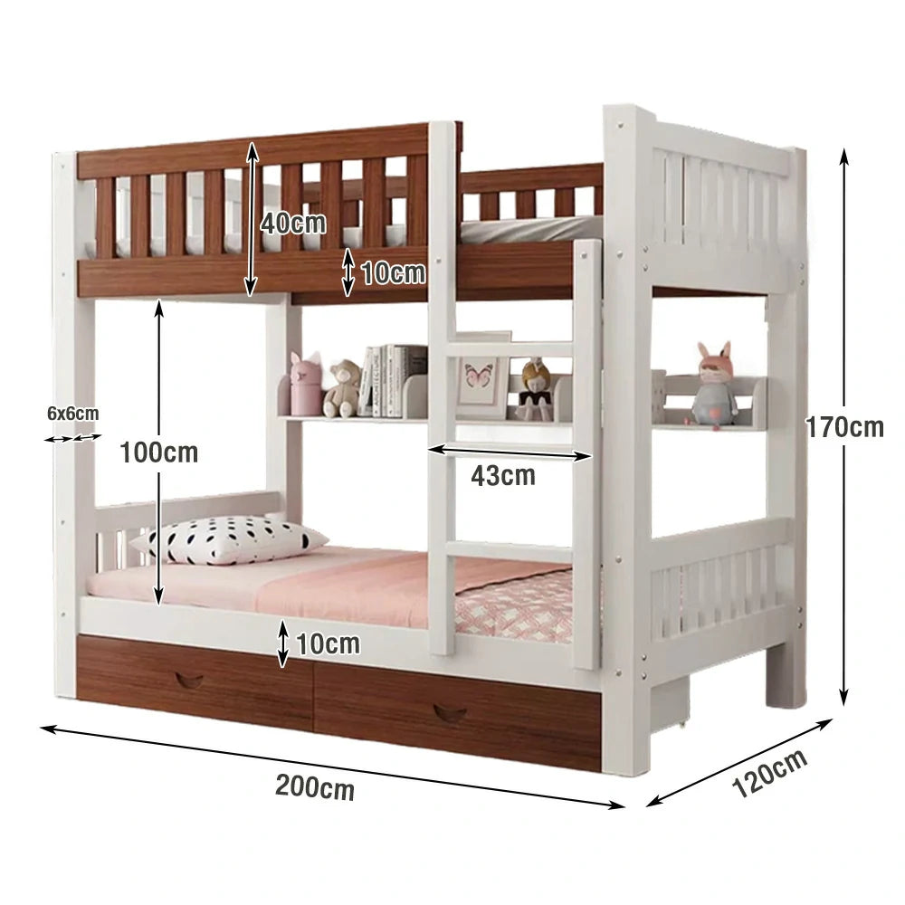 LUXORA Bunk Bed Eco-Friendly Solid Wood, 120/135/150cm, Built-in Bookshelf, Dual Under-Bed Storage Drawers, Flexible Ladder - White and Brown