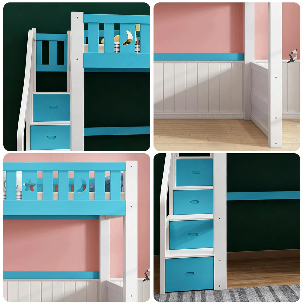 LUXORA Multifunctional Bunk Bed 120/135/150cm Eco-Friendly Solid Wood, 40cm Guardrails, Wide Safe Ladder - Blue