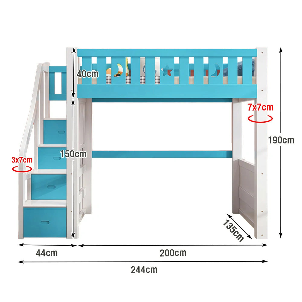 LUXORA Multifunctional Bunk Bed 120/135/150cm Eco-Friendly Solid Wood, 40cm Guardrails, Wide Safe Ladder - Blue