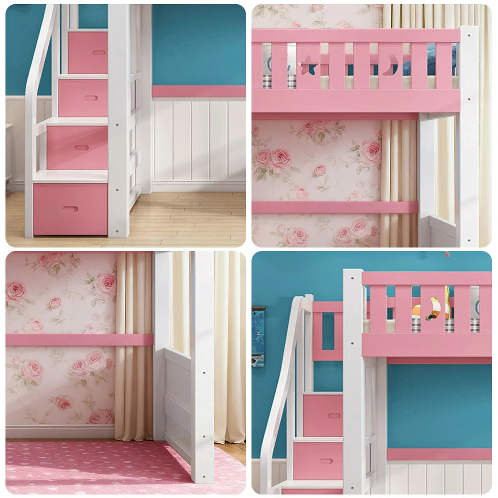 LUXORA Multifunctional Bunk Bed 120/135/150cm Eco-Friendly Solid Wood, 40cm Guardrails, Wide Safe Ladder - Pink