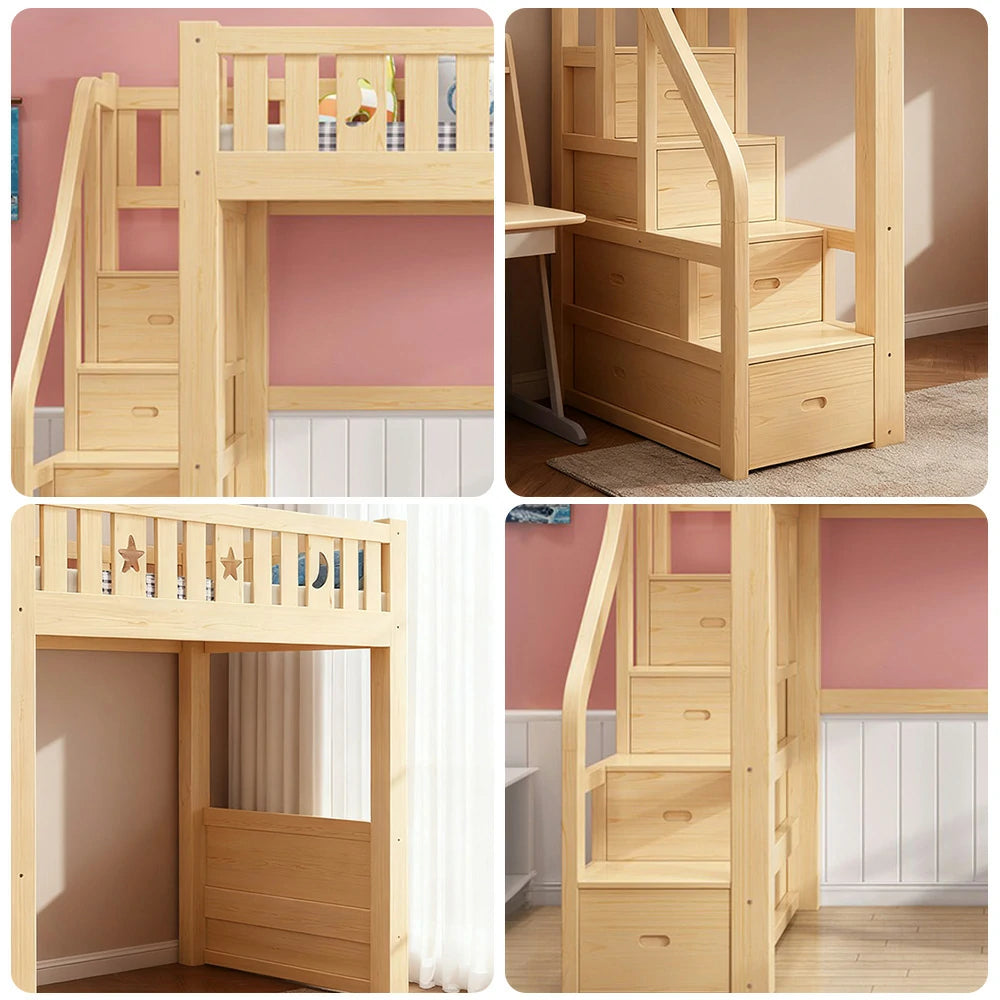 LUXORA Multifunctional Bunk Bed 120/135/150cm Eco-Friendly Solid Wood, 40cm Guardrails, Wide Safe Ladder - Wood