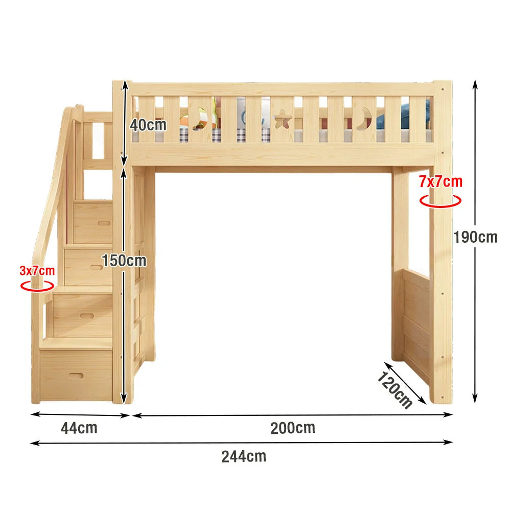 LUXORA Multifunctional Bunk Bed 120/135/150cm Eco-Friendly Solid Wood, 40cm Guardrails, Wide Safe Ladder - Wood